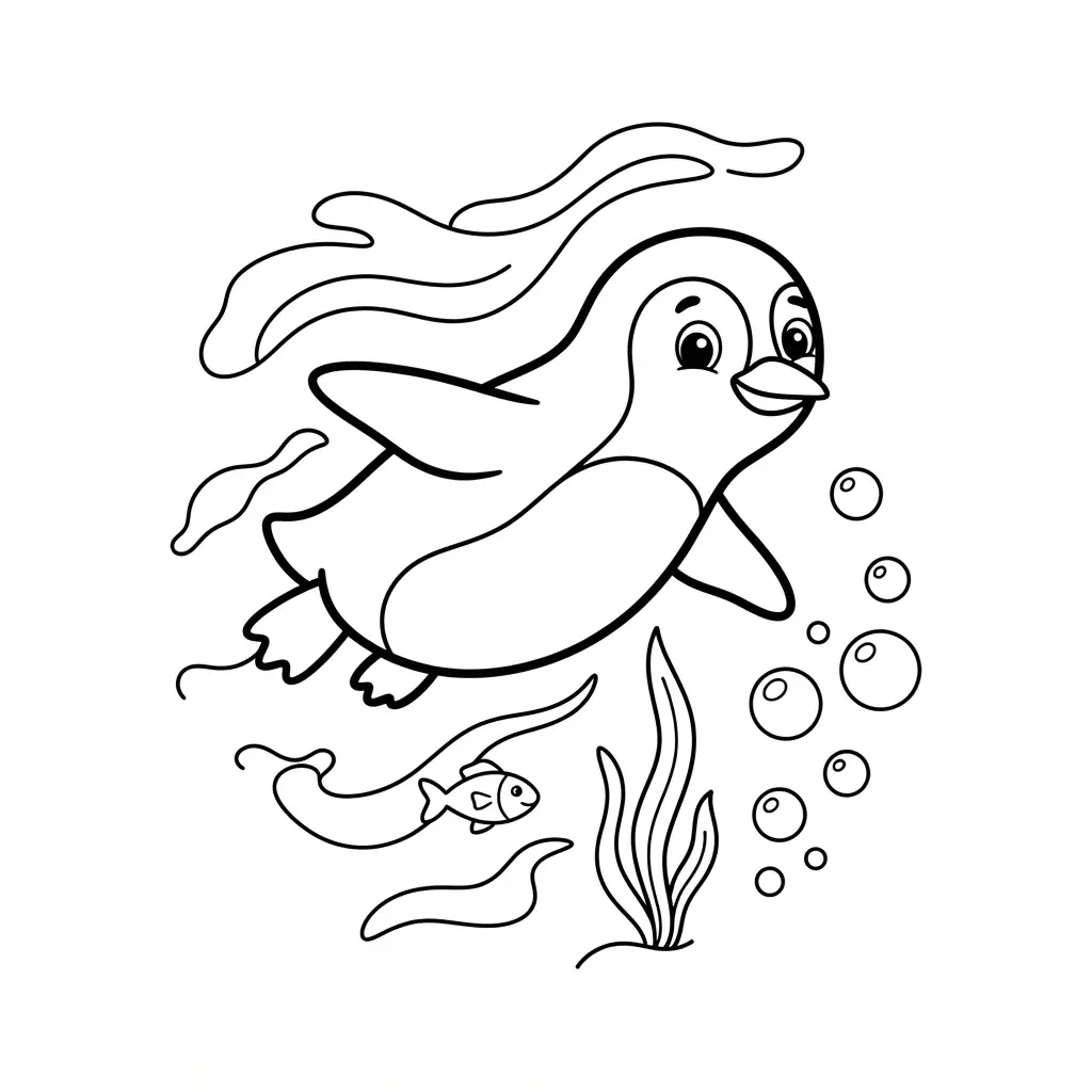 Swimming penguin beneath the water with bubbles, sea plants, and small fish, featured in penguin coloring pages line art.