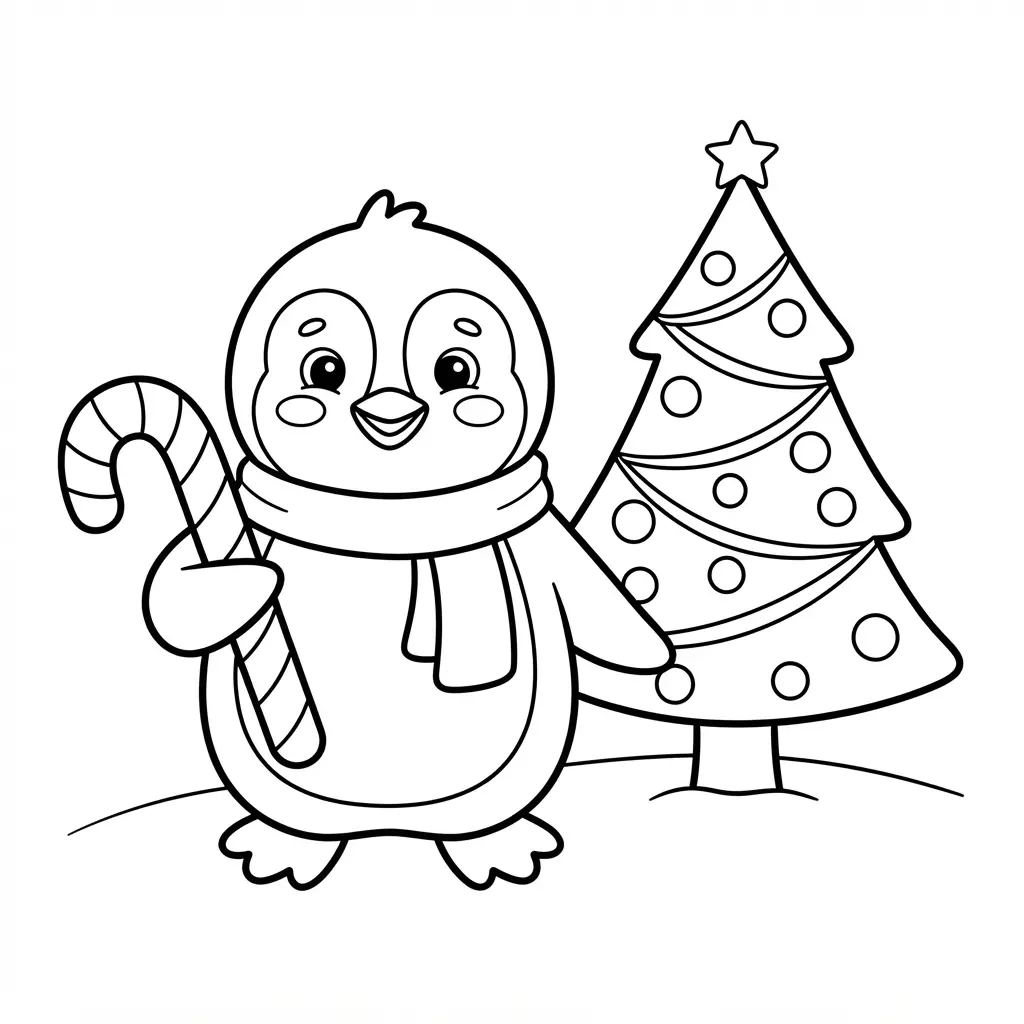 Penguin holding a large striped candy cane beside a small decorated tree in clean festive outline art.