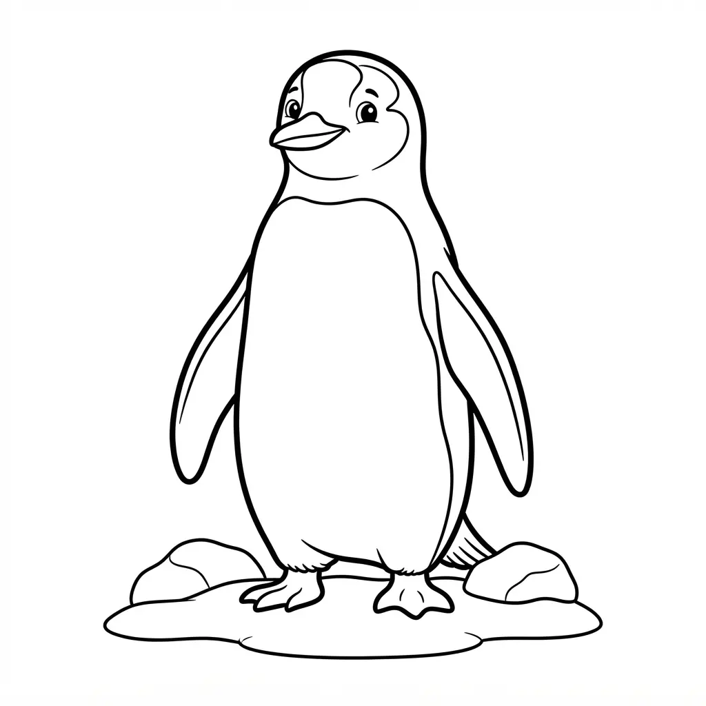 Tall Gentoo penguin standing beside low snow and smooth rocks in natural black line drawing style.
