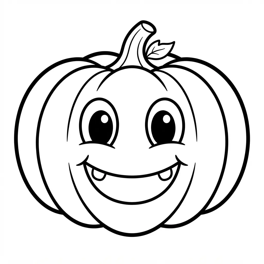 Pumpkin coloring pages featuring a simple smiling jack-o-lantern with bold black outlines and a curved stem.