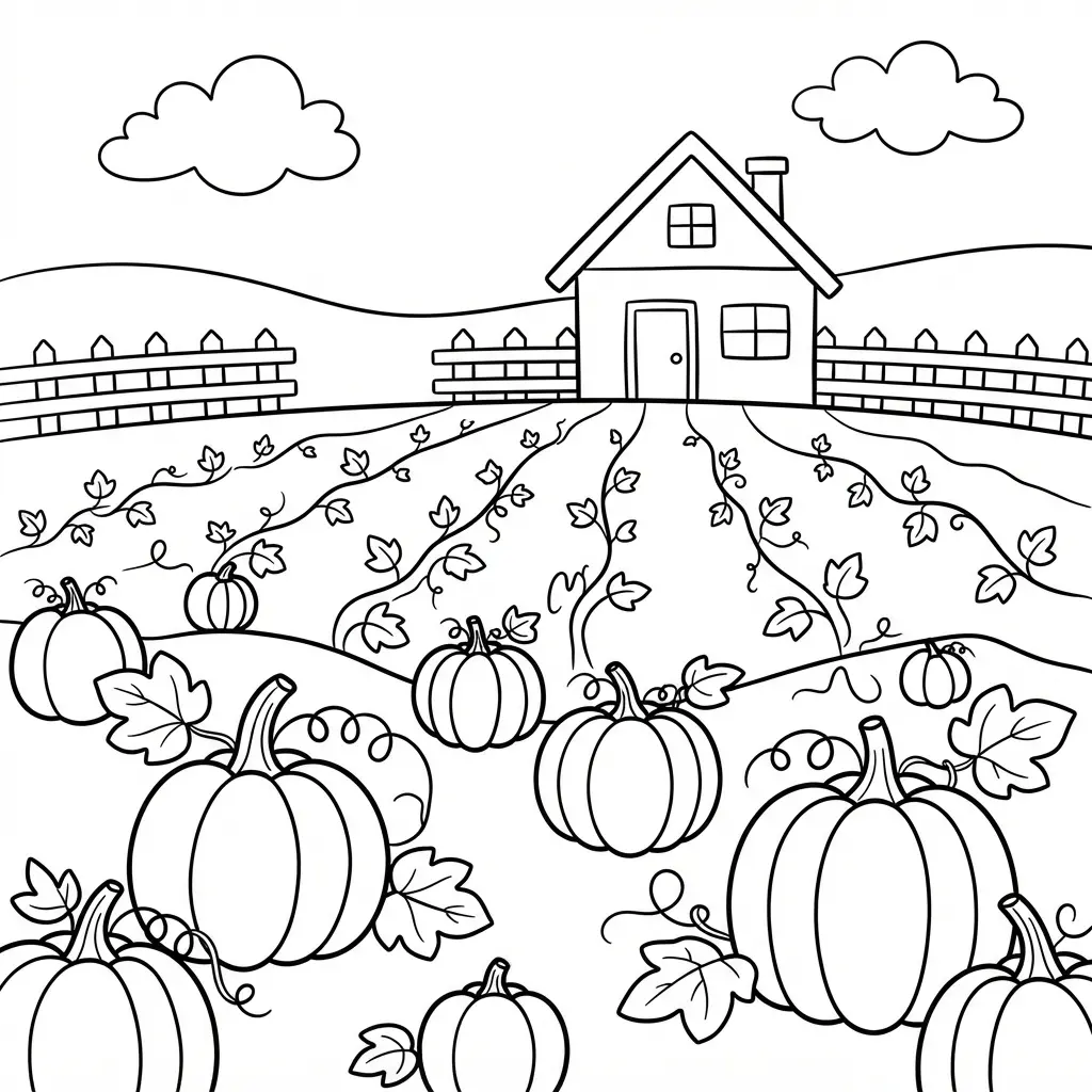Pumpkin coloring pages feature a detailed pumpkin patch, distant farmhouse, fence, clouds, and rows of vines.