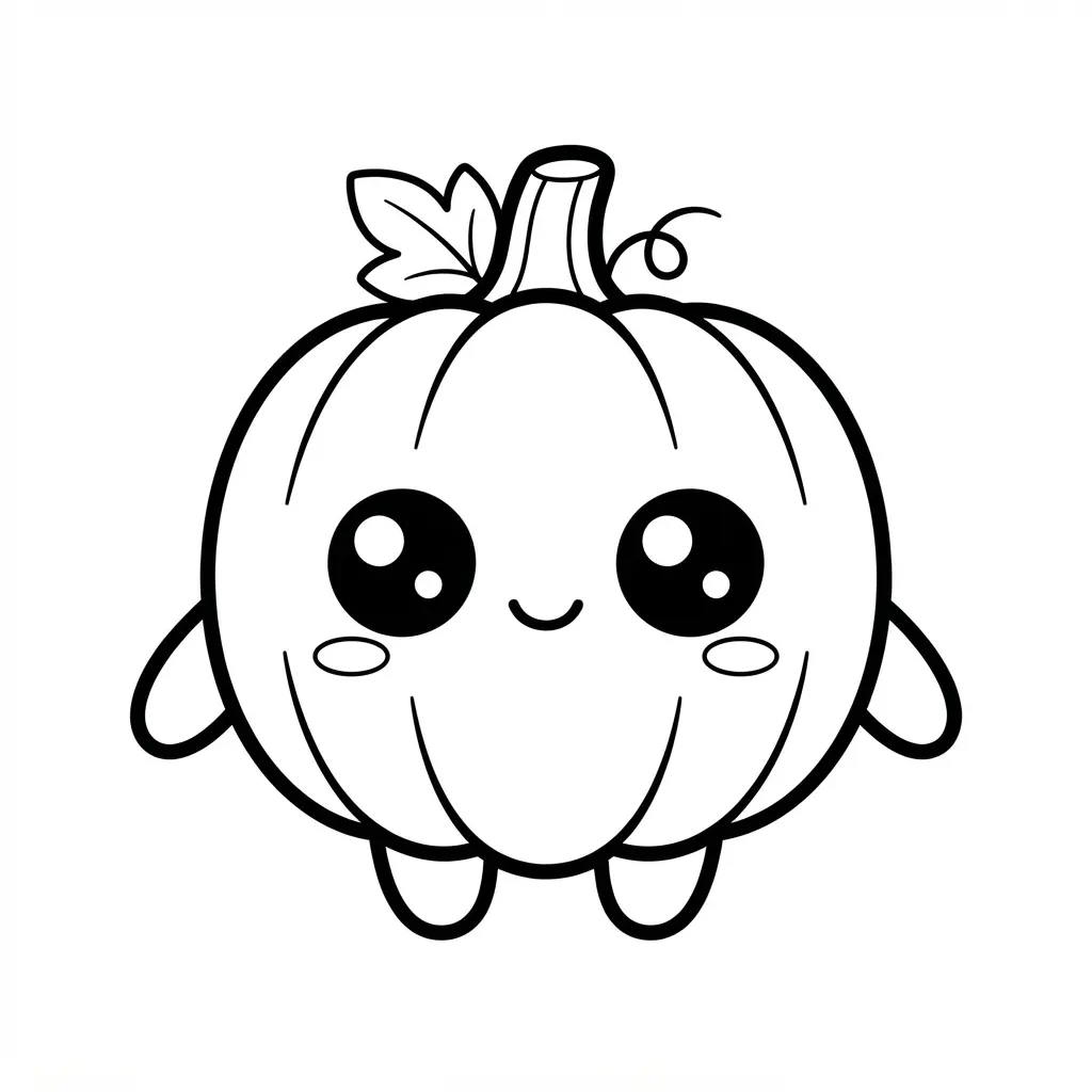 Pumpkin coloring pages feature a chibi pumpkin with large eyes, tiny leaves, short legs, and bold outlines.