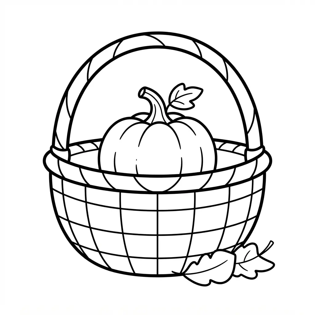 Pumpkin coloring pages show a miniature pumpkin inside a wicker basket with curved handles and loose leaves.