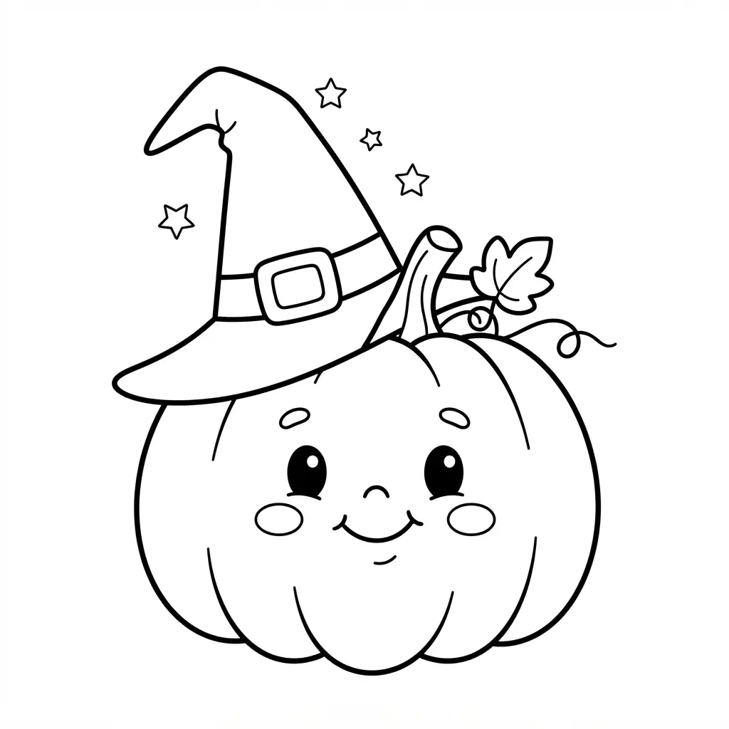 A whimsical pumpkin wears a pointed witch hat with a buckle, curved brim, and small stars around it.