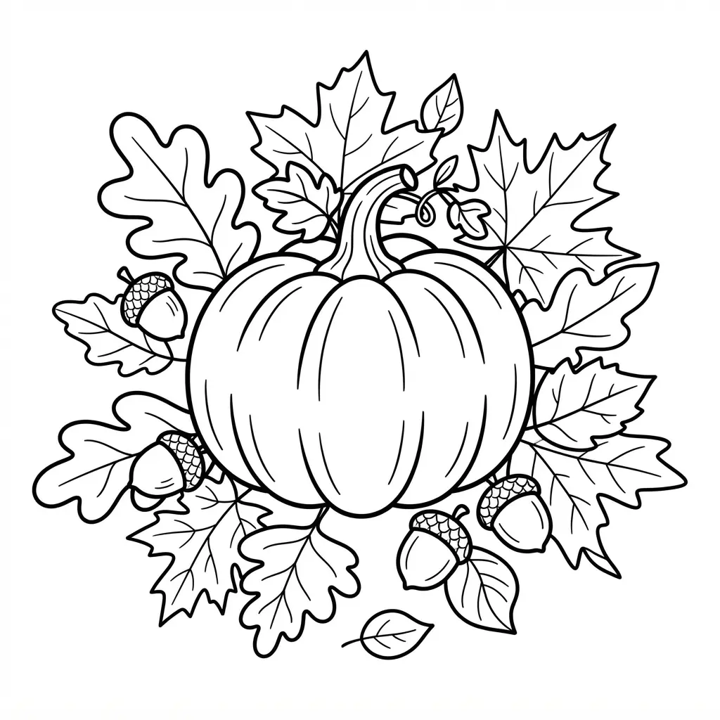 A round pumpkin sits among oak leaves, maple leaves, acorns, and small stems in crisp black outlines.