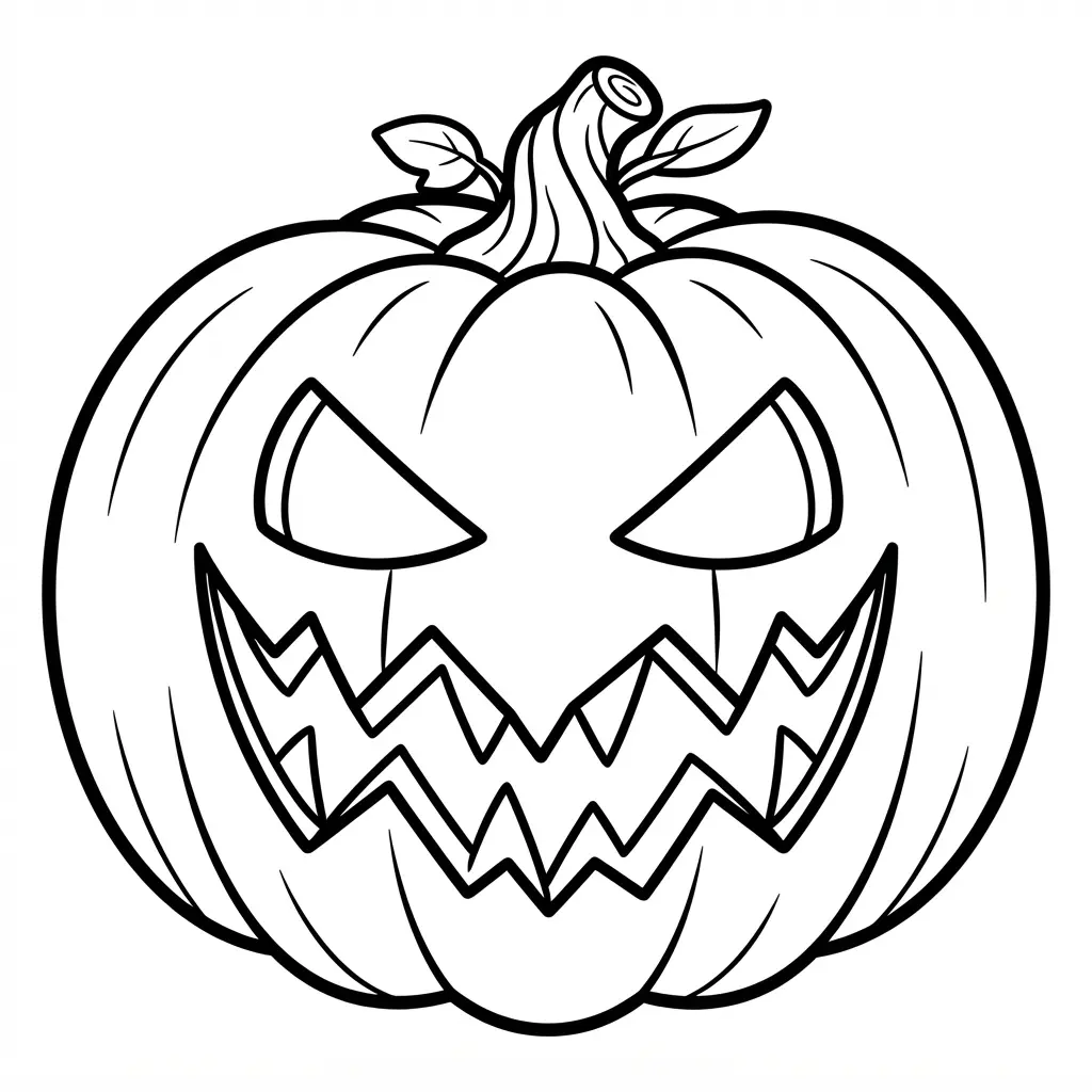 A scary jack-o-lantern face shows slanted eyes, jagged teeth, a deep stem, and thick black outlines.