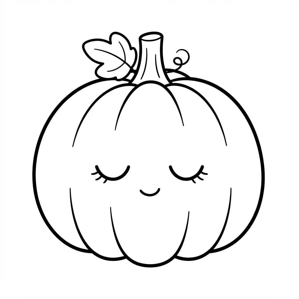 A peaceful pumpkin rests with closed eyes, a small smile, curved lashes, and a leaf beside its stem.