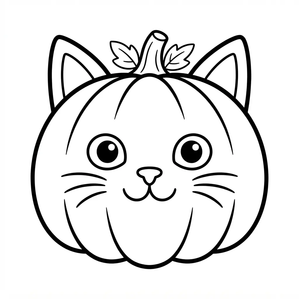 A pumpkin shaped like a cat face has pointed ears, whiskers, round eyes, and a small nose.