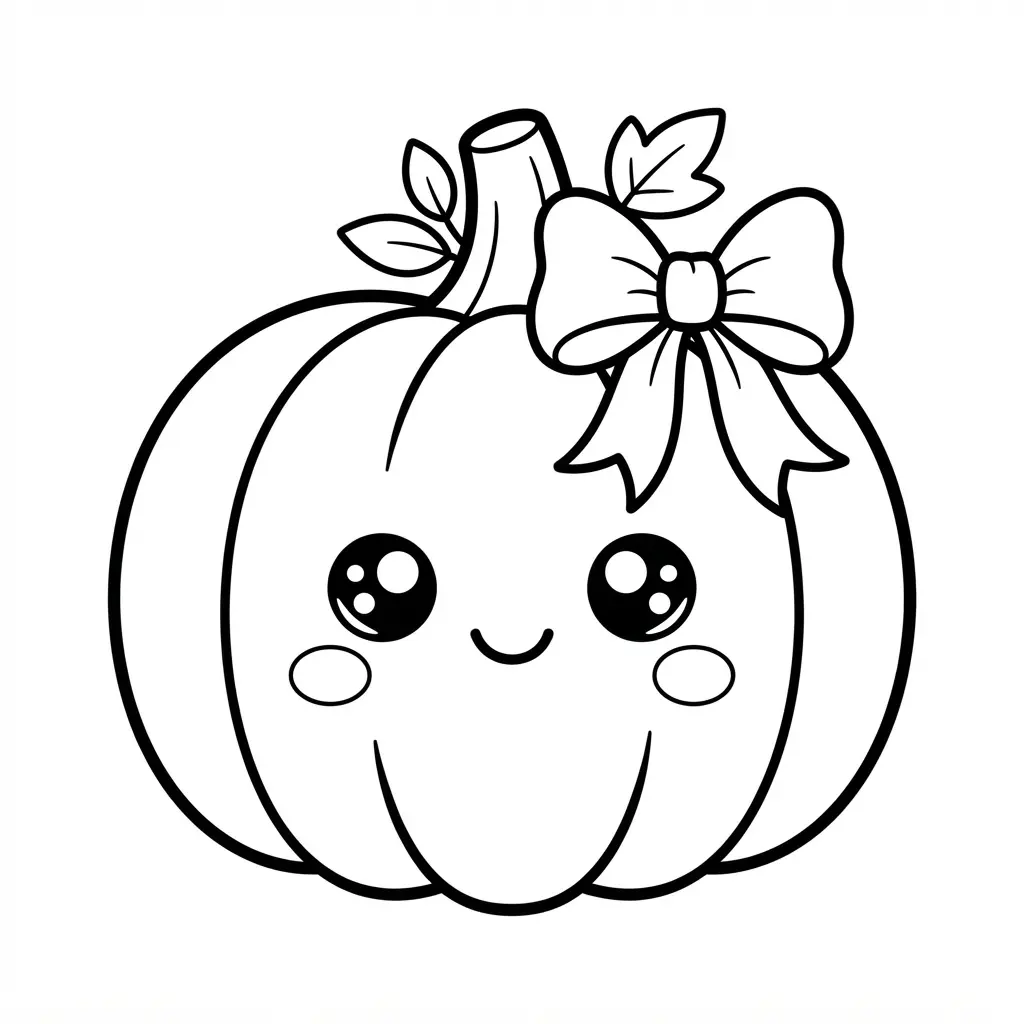 Pumpkin coloring pages showing a cute kawaii pumpkin with a large bow, round eyes, and clean outlines.