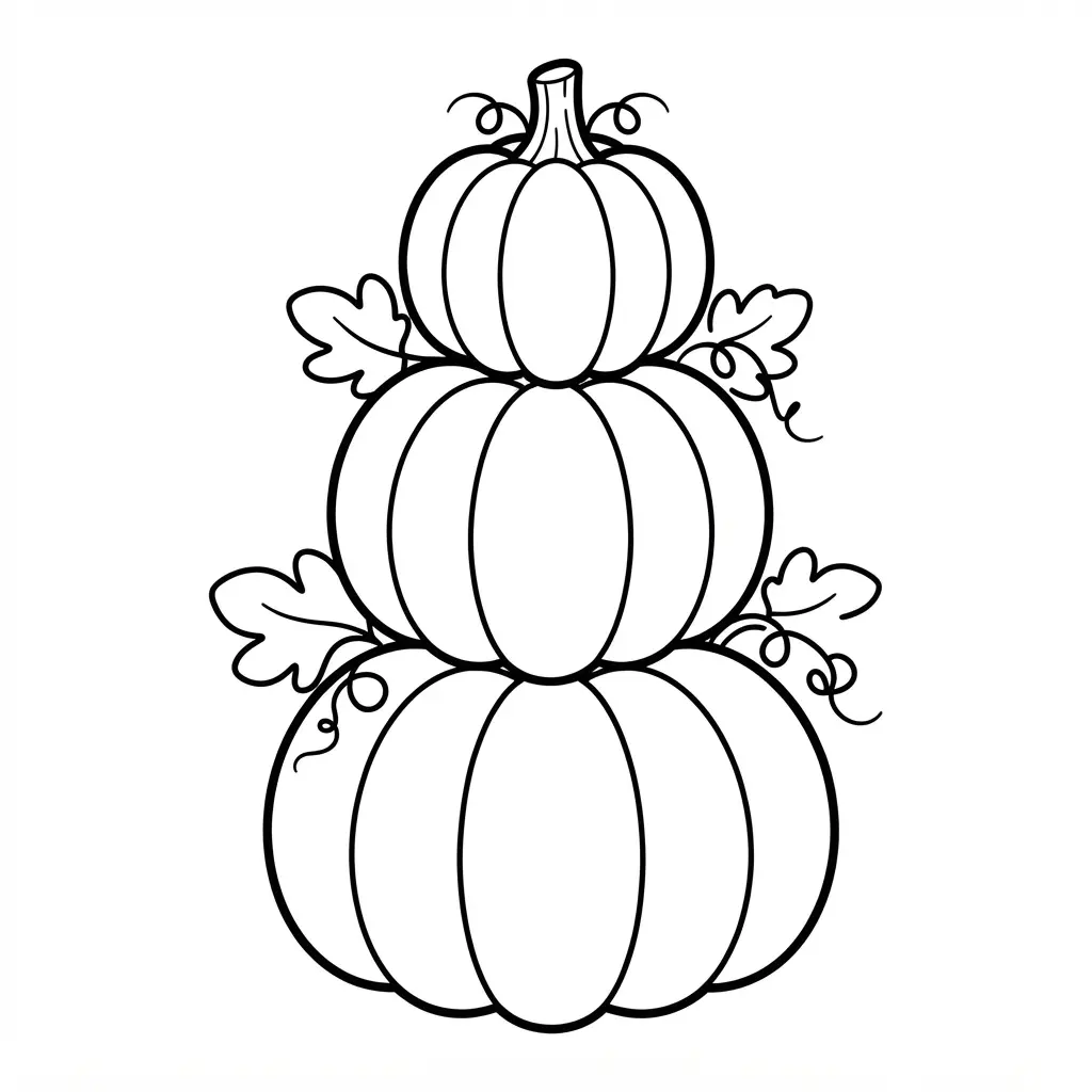 Three tiered pumpkins are stacked from largest to smallest with stems, curling leaves, and a plain background.
