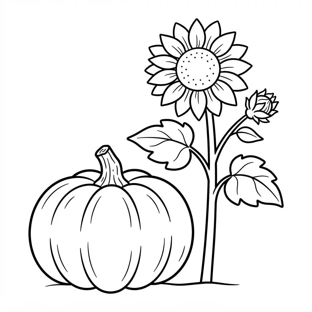 A pumpkin sits beside a tall sunflower stem with broad leaves and one open flower in black line art.