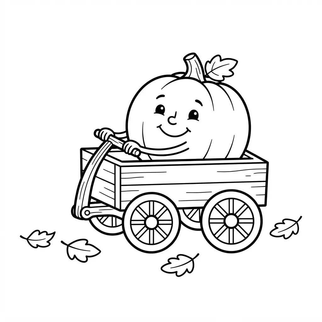 A cartoon pumpkin drives a tiny wagon with round wheels, a curved handle, and scattered autumn leaves.