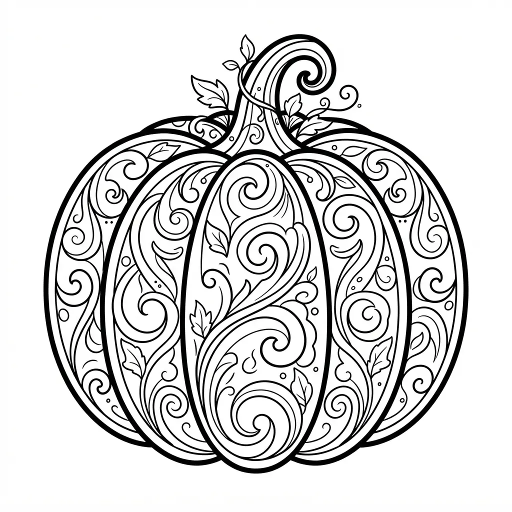 An ornamental pumpkin contains curved swirl designs, leaf accents, a curled stem, and balanced black outlines.