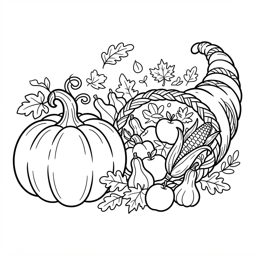 A festive Thanksgiving pumpkin sits beside a cornucopia filled with apples, leaves, corn, and small gourds.