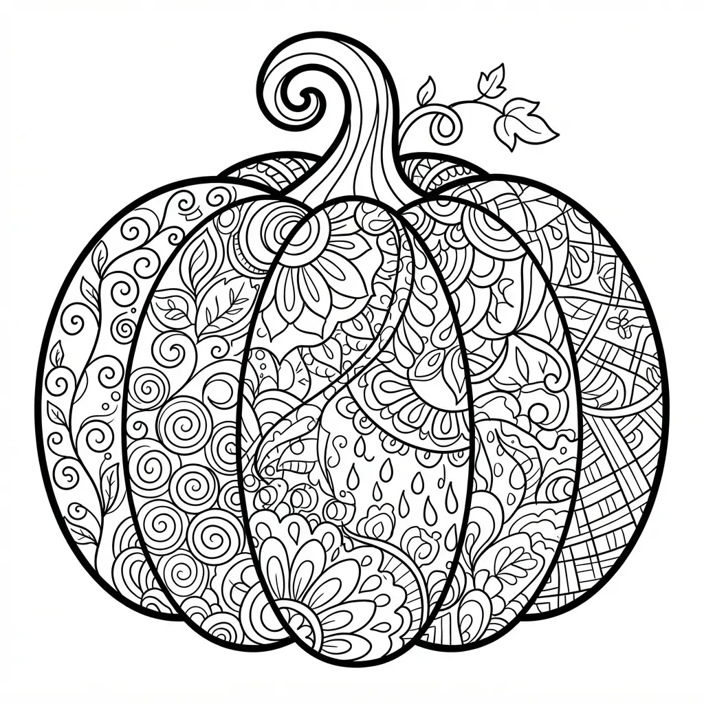 Pumpkin coloring pages with a zentangle patterned pumpkin filled with swirls, leaves, dots, and crisp lines.