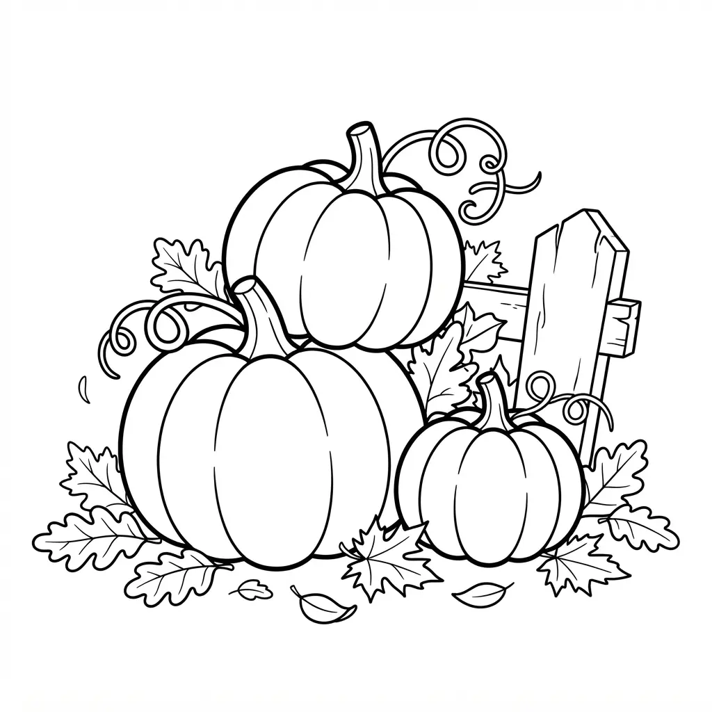 A rustic pile of pumpkins rests beside scattered autumn leaves and a small wooden sign in clean line art.