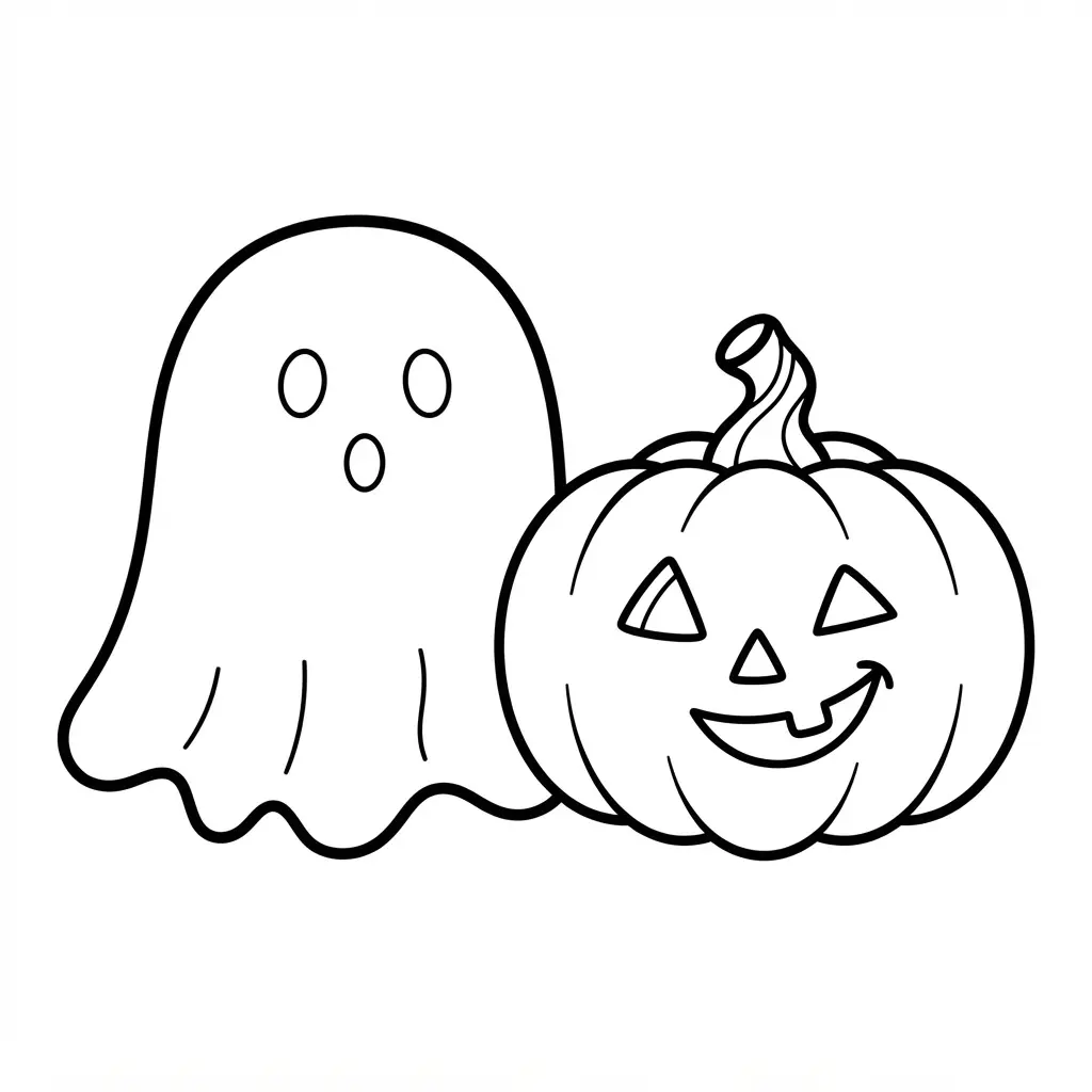 Pumpkin coloring pages featuring a spooky white ghost beside a carved pumpkin with a crooked grin.