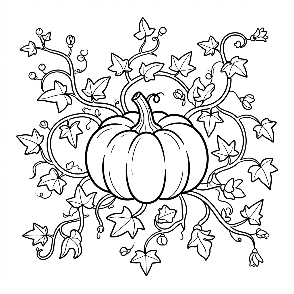 Pumpkin coloring pages show a botanical pumpkin surrounded by long curling vines and pointed leaves.