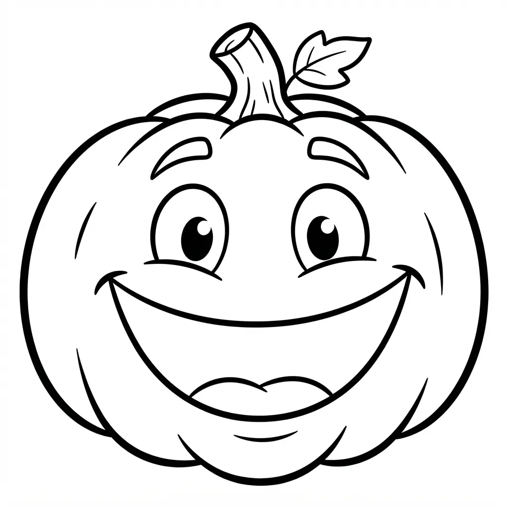 Pumpkin coloring pages featuring a funny toothless grin with wide eyes, a rounded face, and thick outlines.