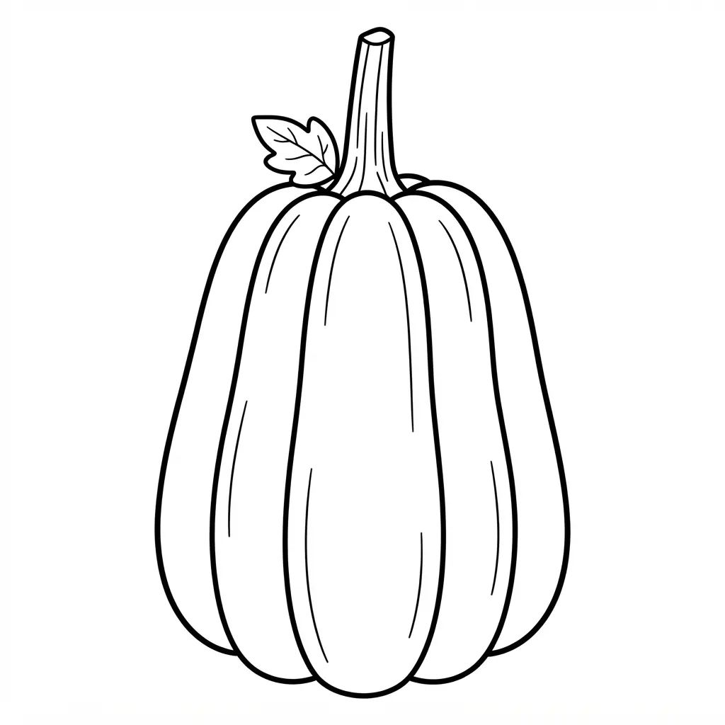 A tall skinny heirloom style pumpkin with a long stem and vertical ridges appears in simple black line art.