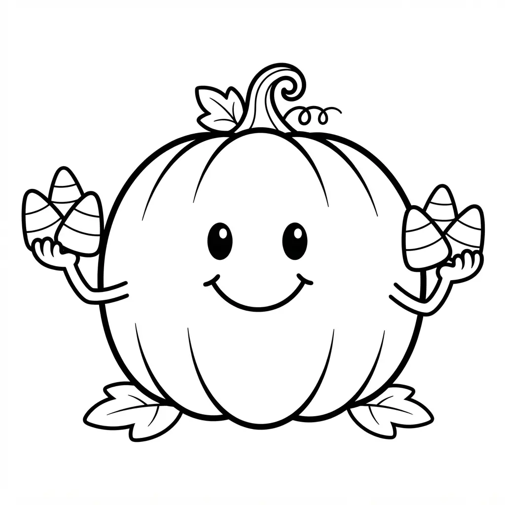 Pumpkin coloring pages show a happy pumpkin holding pieces of candy corn with small leaves at its feet.