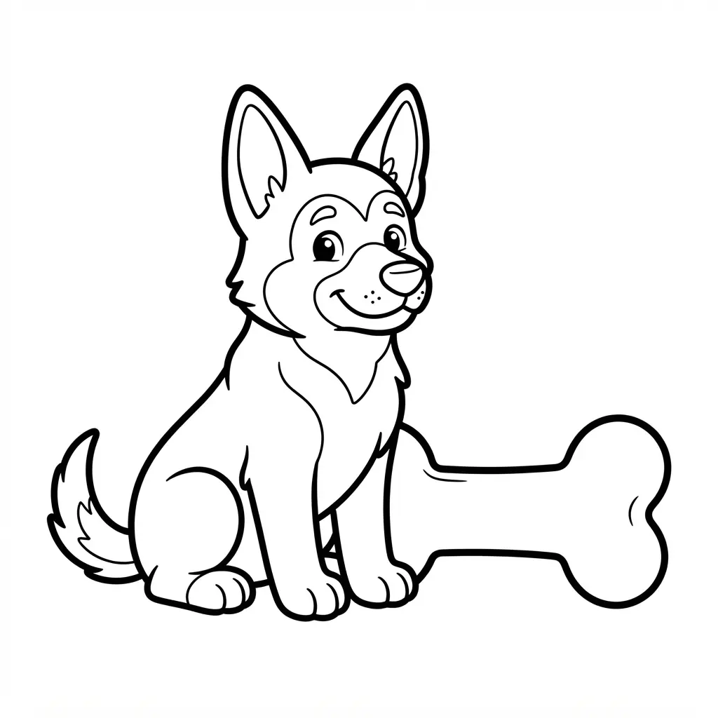A German Shepherd puppy sits beside a large bone, with strong lines and clear shapes for young colorists.