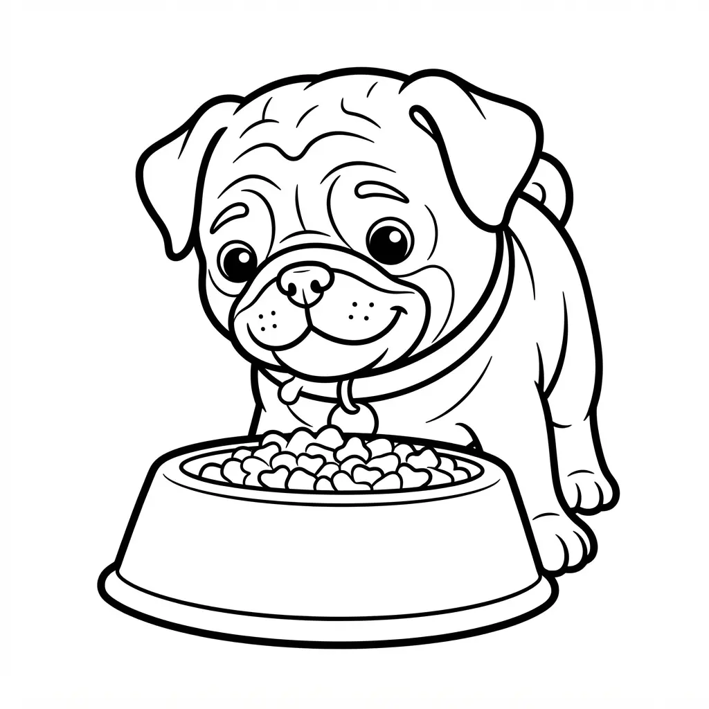 Puppy coloring pages show a Pug puppy leaning over a bowl with broad lines and open coloring spaces.