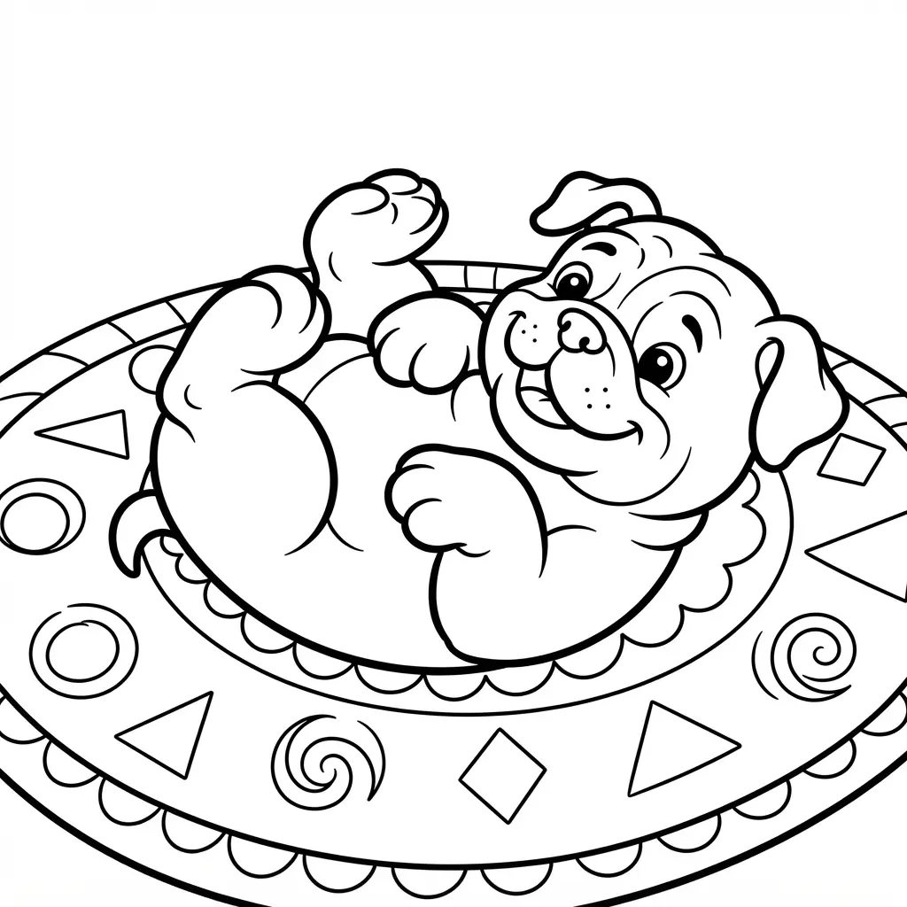 Puppy coloring pages feature a Bulldog puppy rolling on a rug with simple patterns and playful open shapes.
