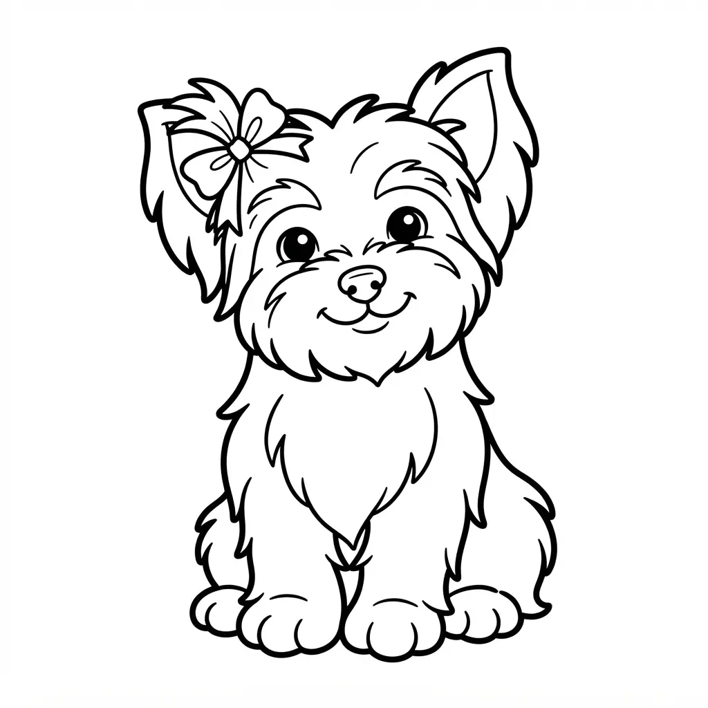 A Yorkshire Terrier puppy sits with a ribbon near its ear, shown in tidy black-and-white printable outlines.
