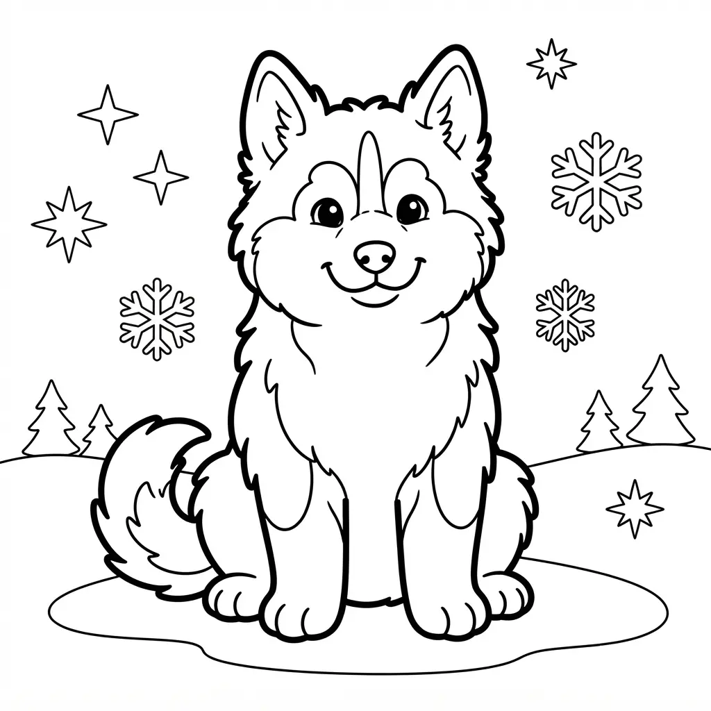 A Husky puppy sits in a snowy setting with snowflakes, pine shapes, and strong printable line art.