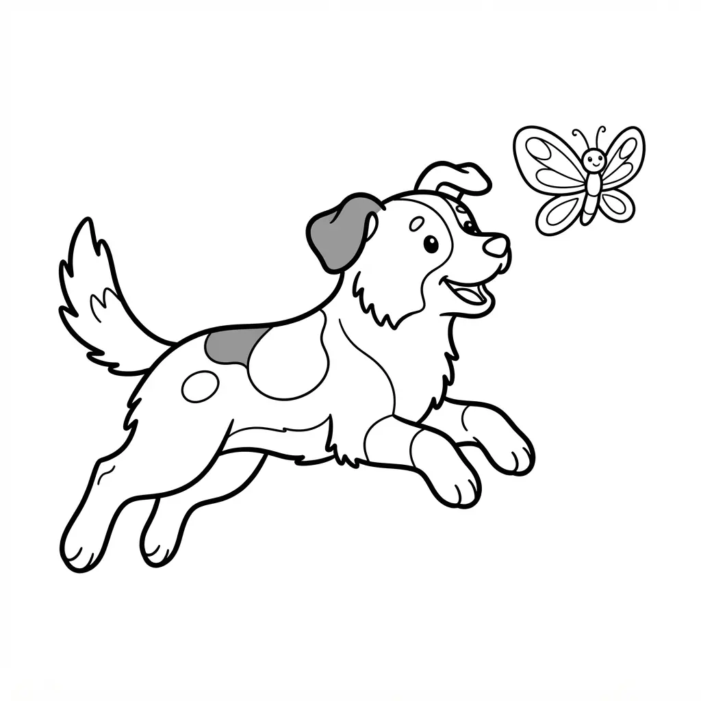 Puppy coloring pages show a Border Collie puppy leaping toward a butterfly with open spaces for easy coloring.