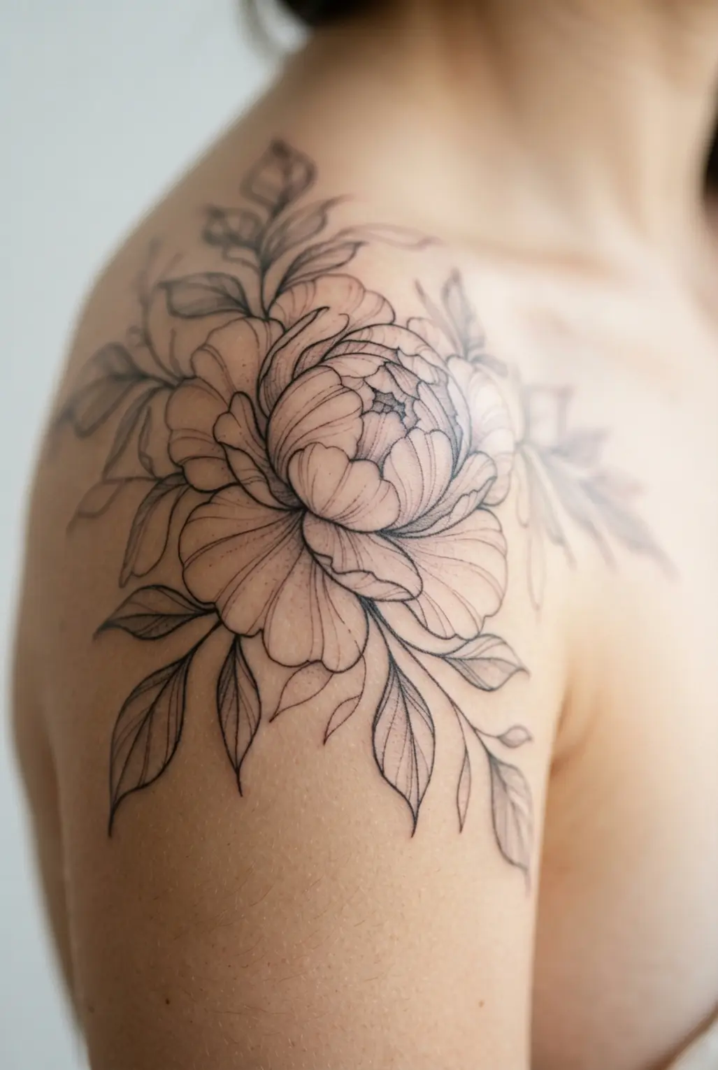 A delicate fine-line quarter sleeve tattoo of a peony blooming across a woman's shoulder.