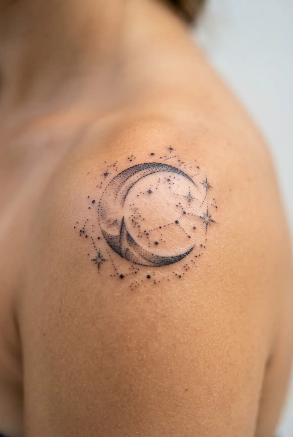A detailed dotwork tattoo of a celestial moon and star cluster, placed as a shoulder cap piece for a quarter sleeve.