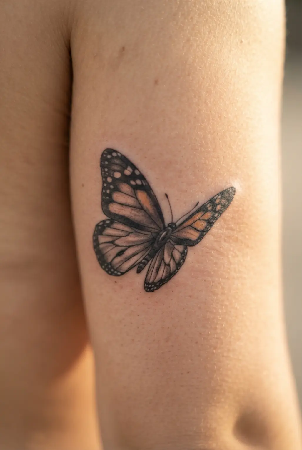 A realistic tattoo of a butterfly with intricately shaded wings, designed for the upper arm.