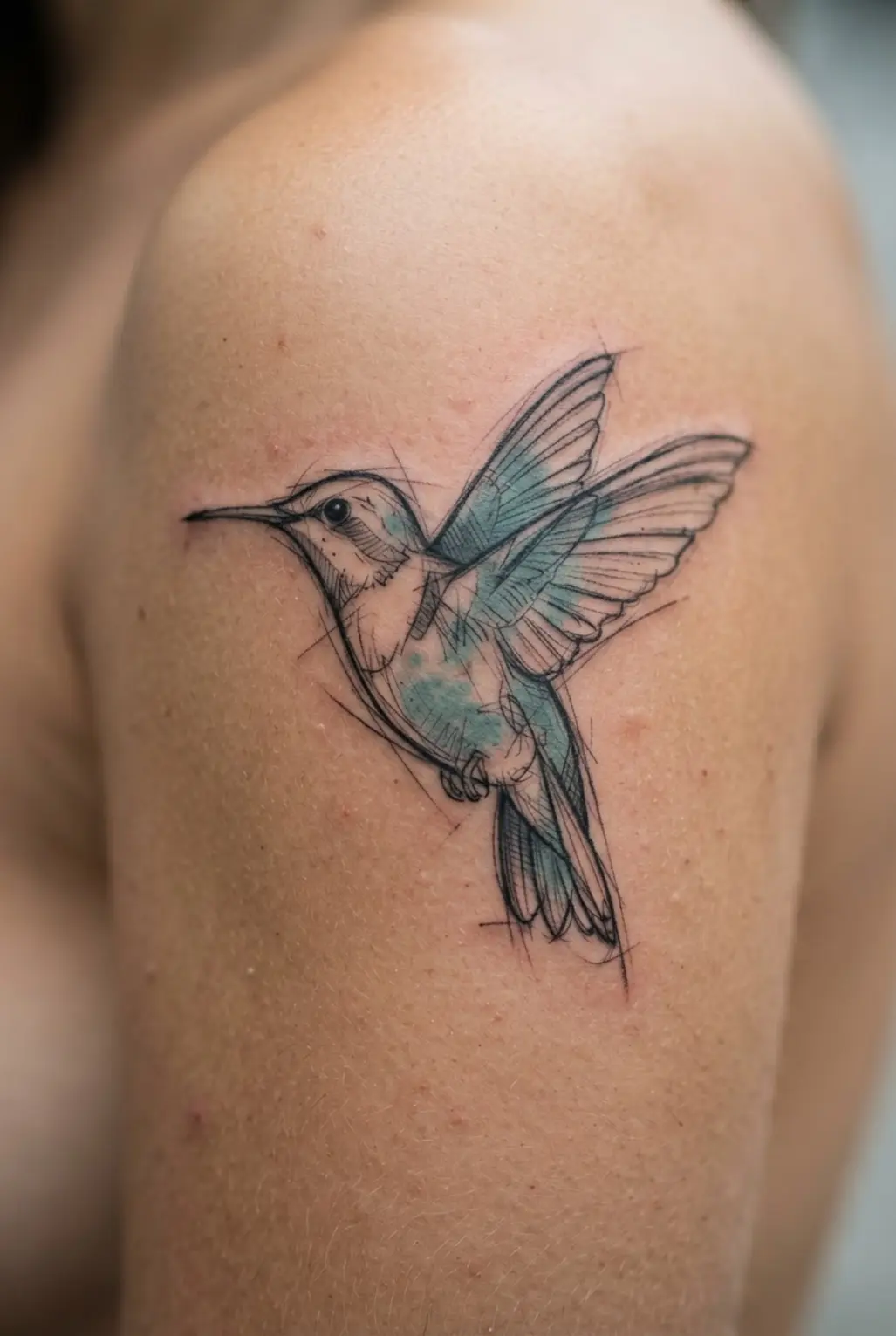 A quarter sleeve tattoo in a sketch style, depicting a hummingbird in flight with loose, energetic lines.