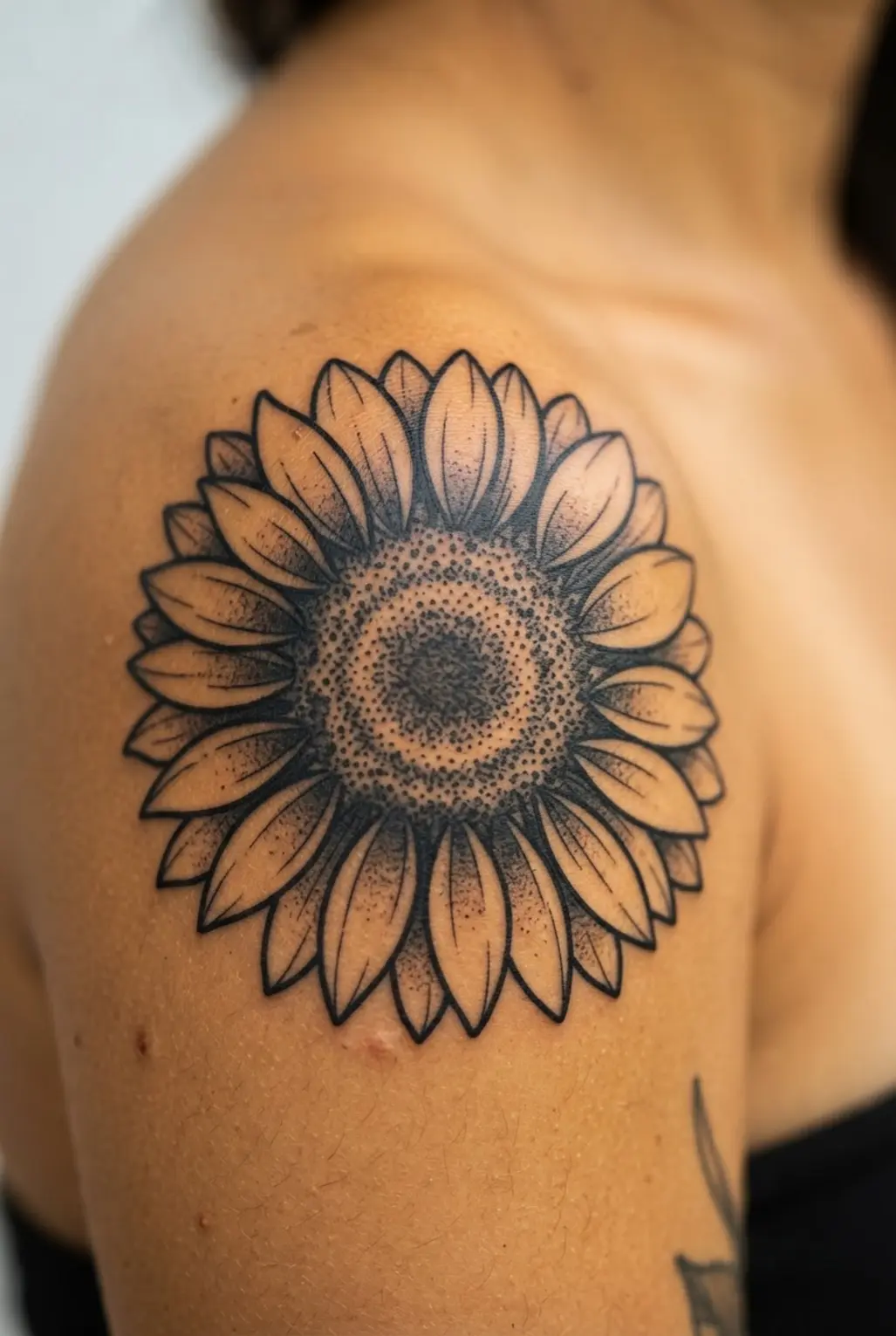 A striking blackwork sunflower tattoo, bold and graphic, centered on the shoulder for a quarter sleeve start.
