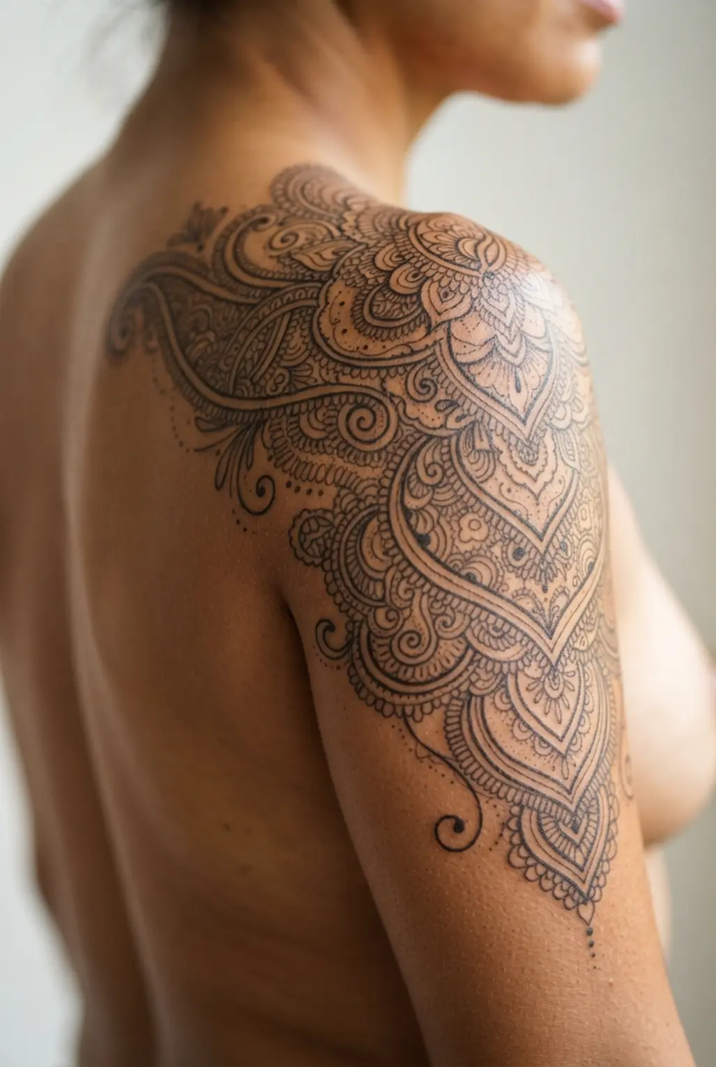 An intricate tattoo inspired by mehndi art, with fine, looping patterns covering the upper arm quarter sleeve area.