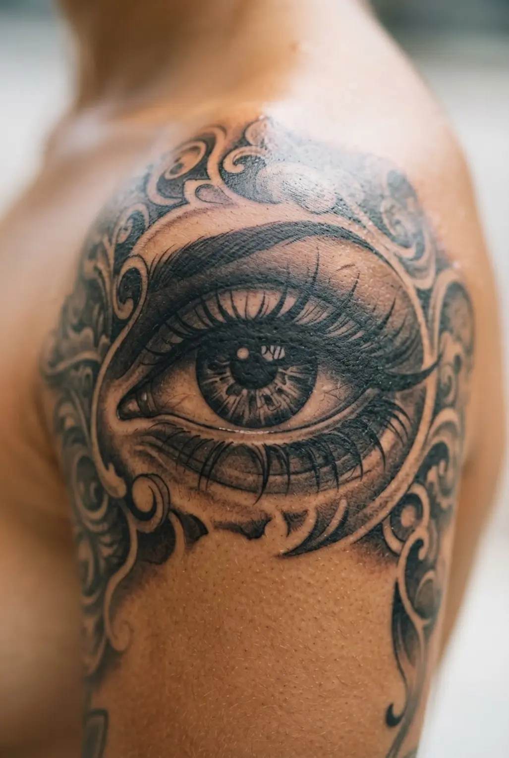 A dark surrealism tattoo of a detailed eye, using heavy shading for a dramatic quarter sleeve focal point.