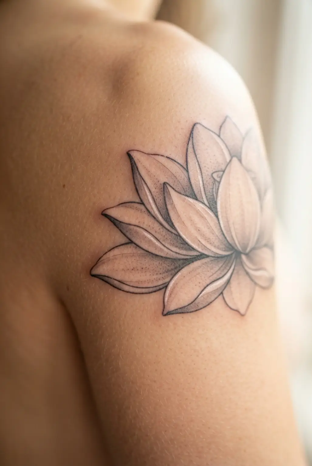 A soft grey shade tattoo of a lotus flower, creating a subtle and elegant quarter sleeve piece.