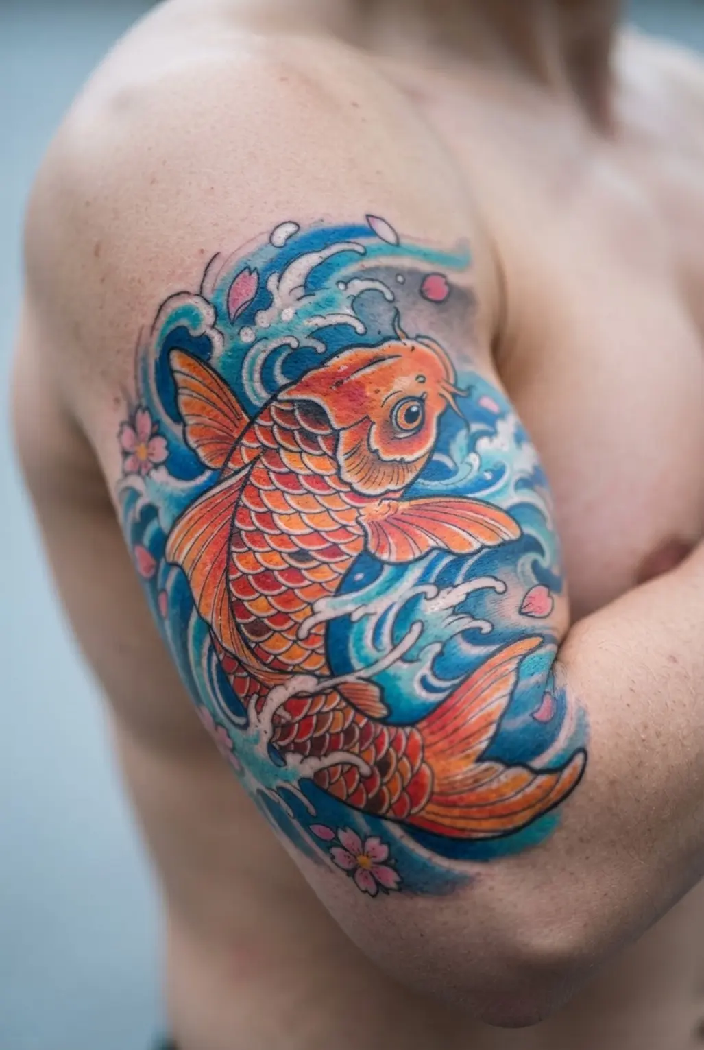 A vibrant quarter sleeve tattoo of a koi fish in orange and blue, designed to wrap around the bicep.