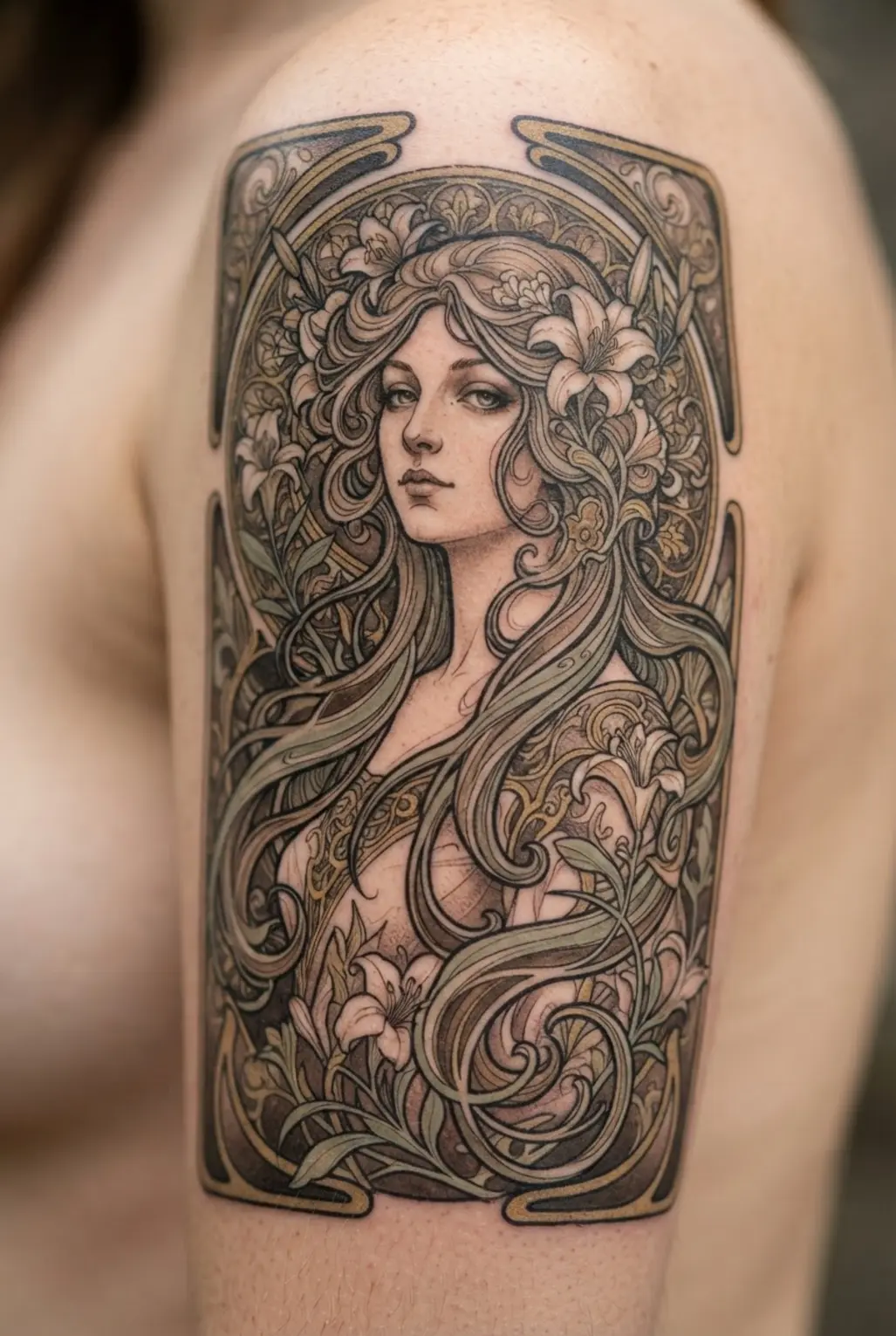 An Art Nouveau-inspired quarter sleeve tattoo featuring a lady's portrait with flowing hair integrated with floral motifs.