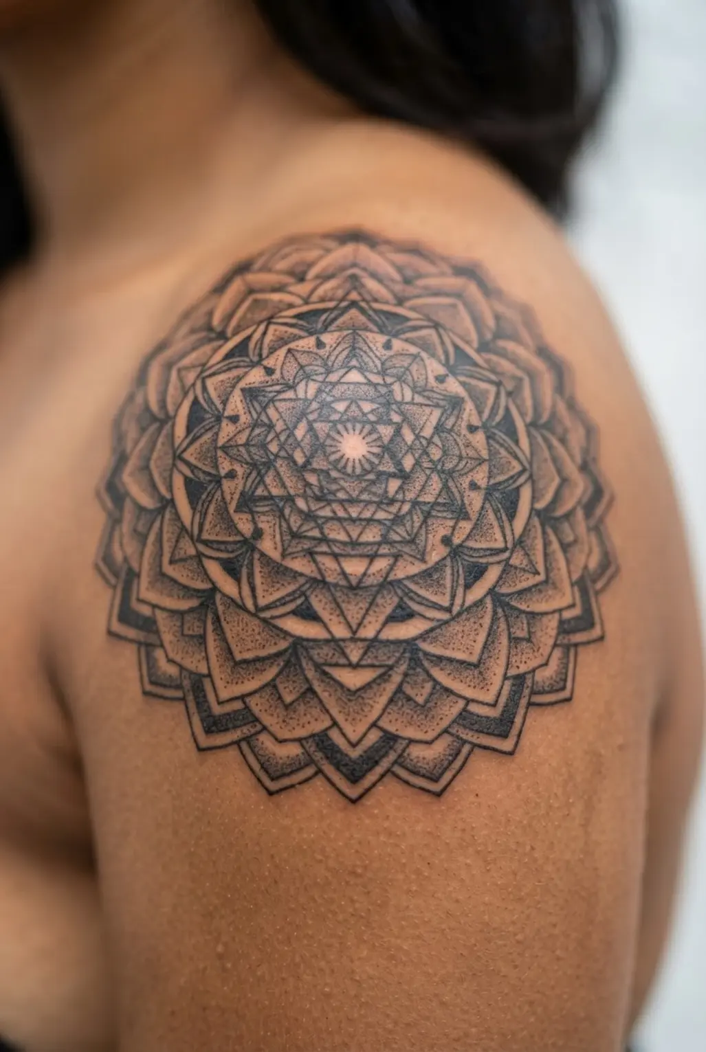 An intricate blackwork mandala tattoo using sacred geometry, perfectly placed on the shoulder's deltoid muscle.