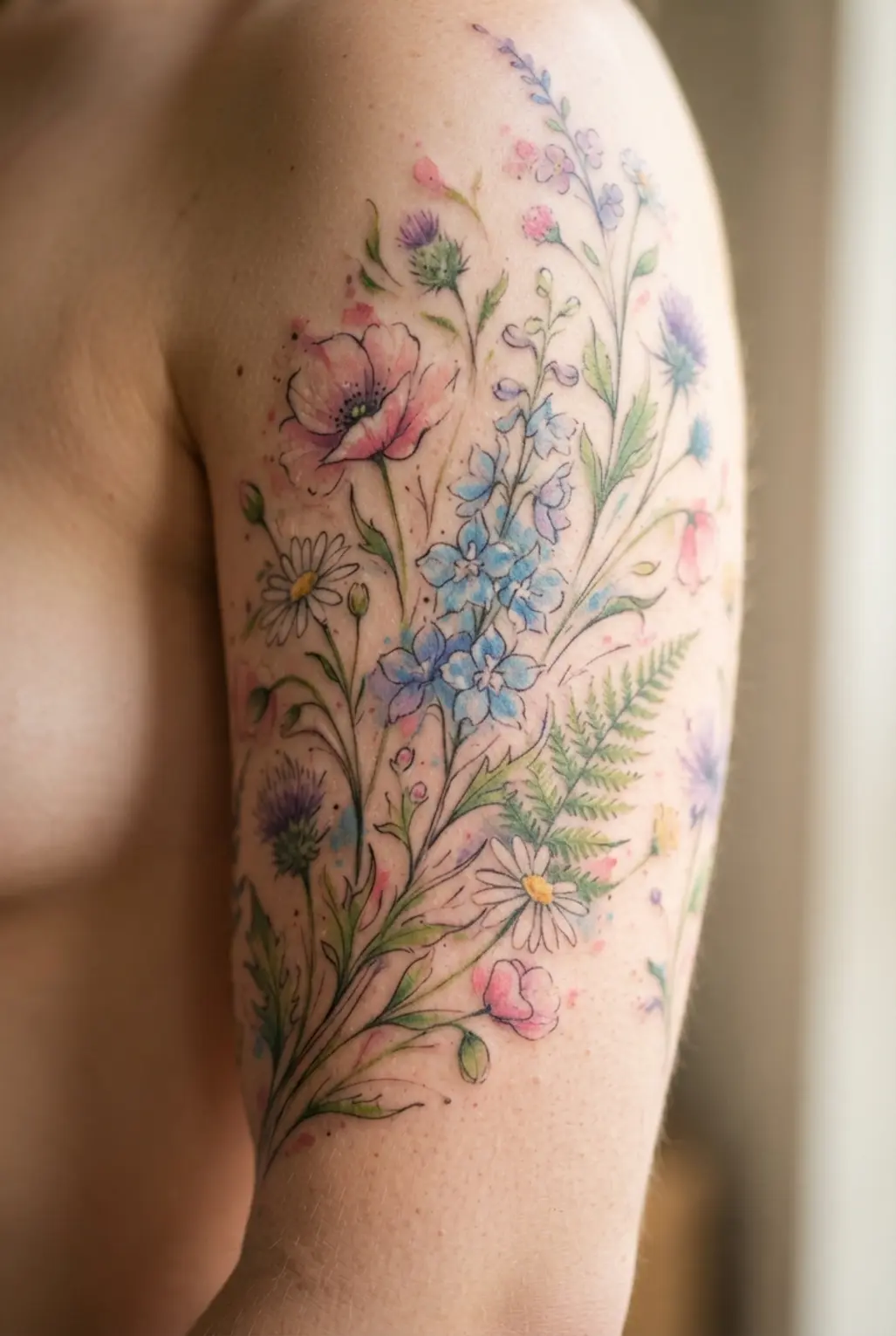 A vibrant watercolor-style tattoo of wildflowers in soft pinks and blues, creating a flowing quarter sleeve on the bicep.