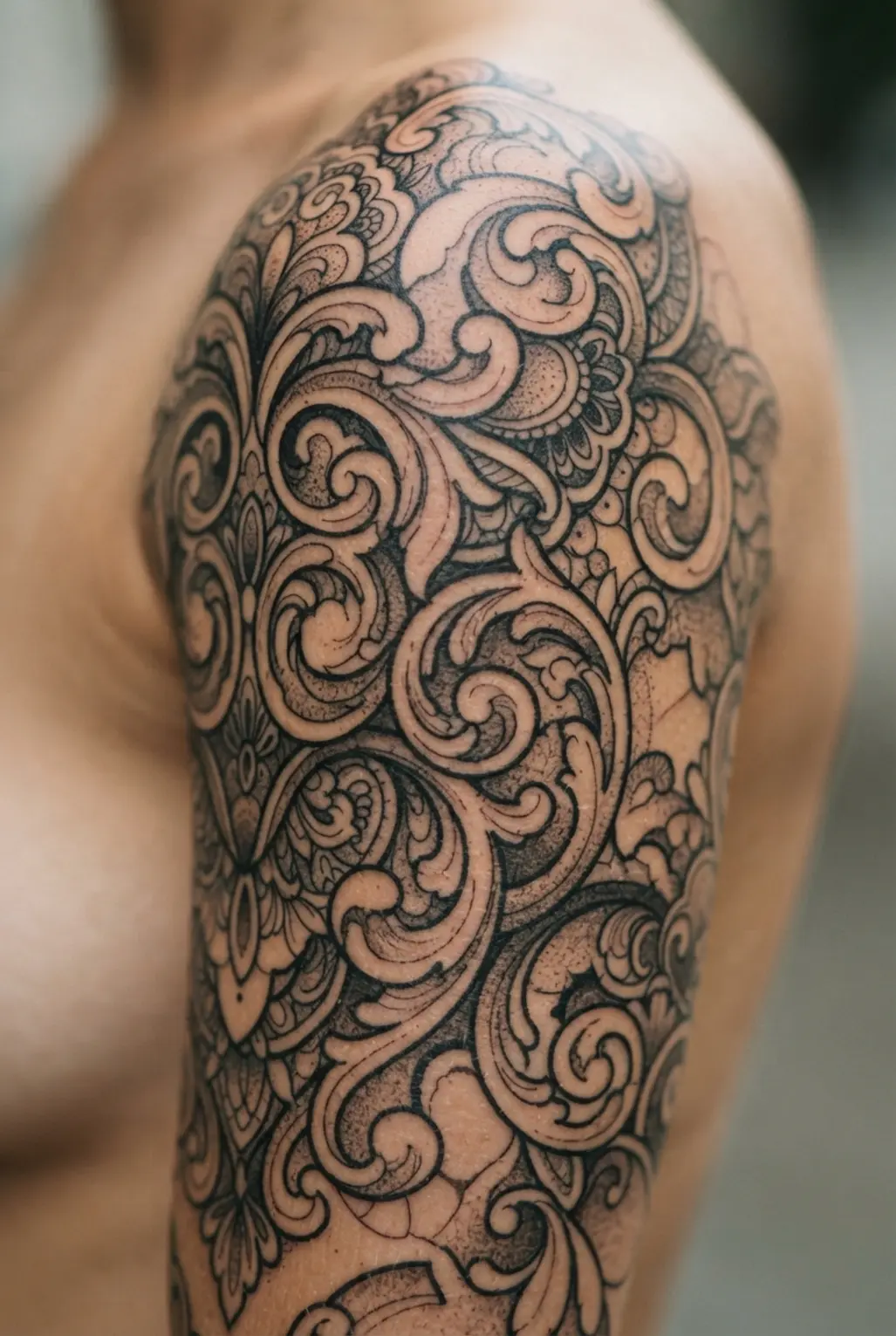 An ornate blackwork tattoo featuring intricate filigree patterns that create a cohesive quarter sleeve design.