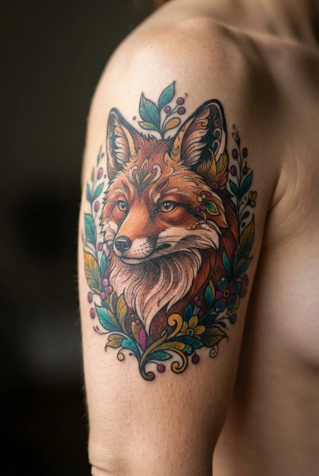 A neo-traditional tattoo of a fox in full color with decorative filigree, designed for the upper arm quarter sleeve space.