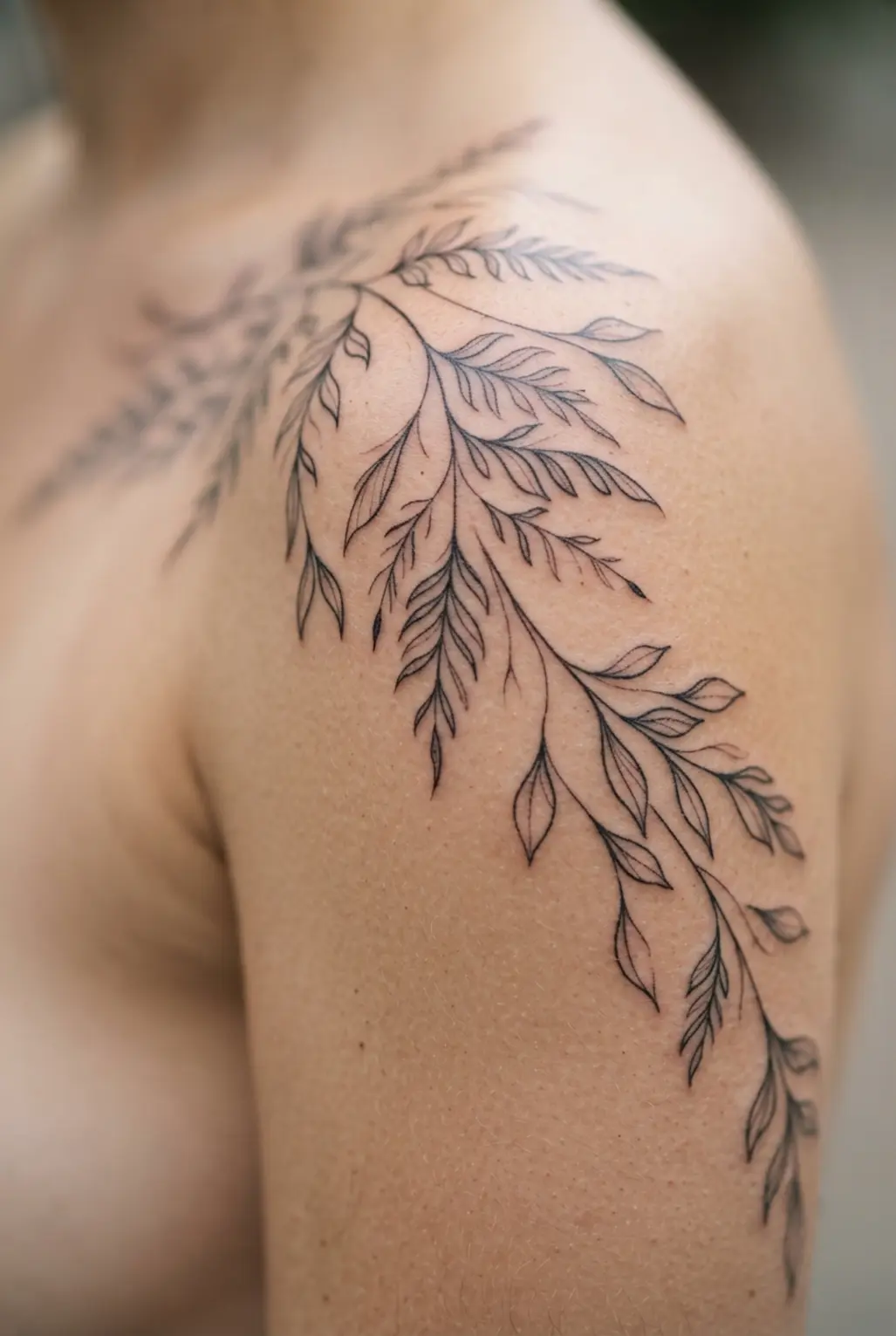 A minimalist quarter sleeve tattoo of delicate fern fronds in fine black linework.