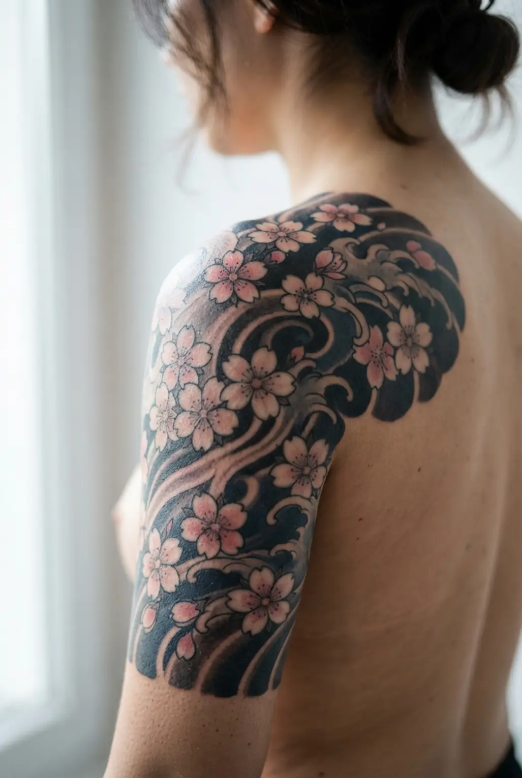 A Japanese-inspired quarter sleeve tattoo combining cherry blossoms and traditional wave patterns.