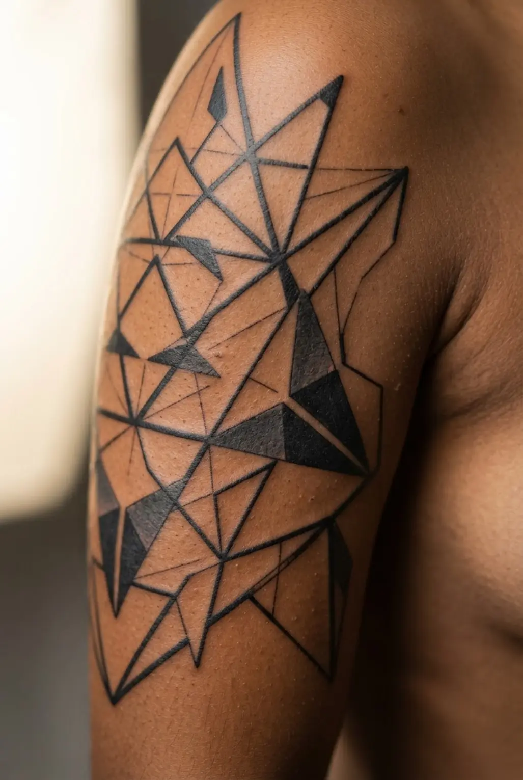 An abstract geometric tattoo using interconnected triangles to form a modern quarter sleeve design.