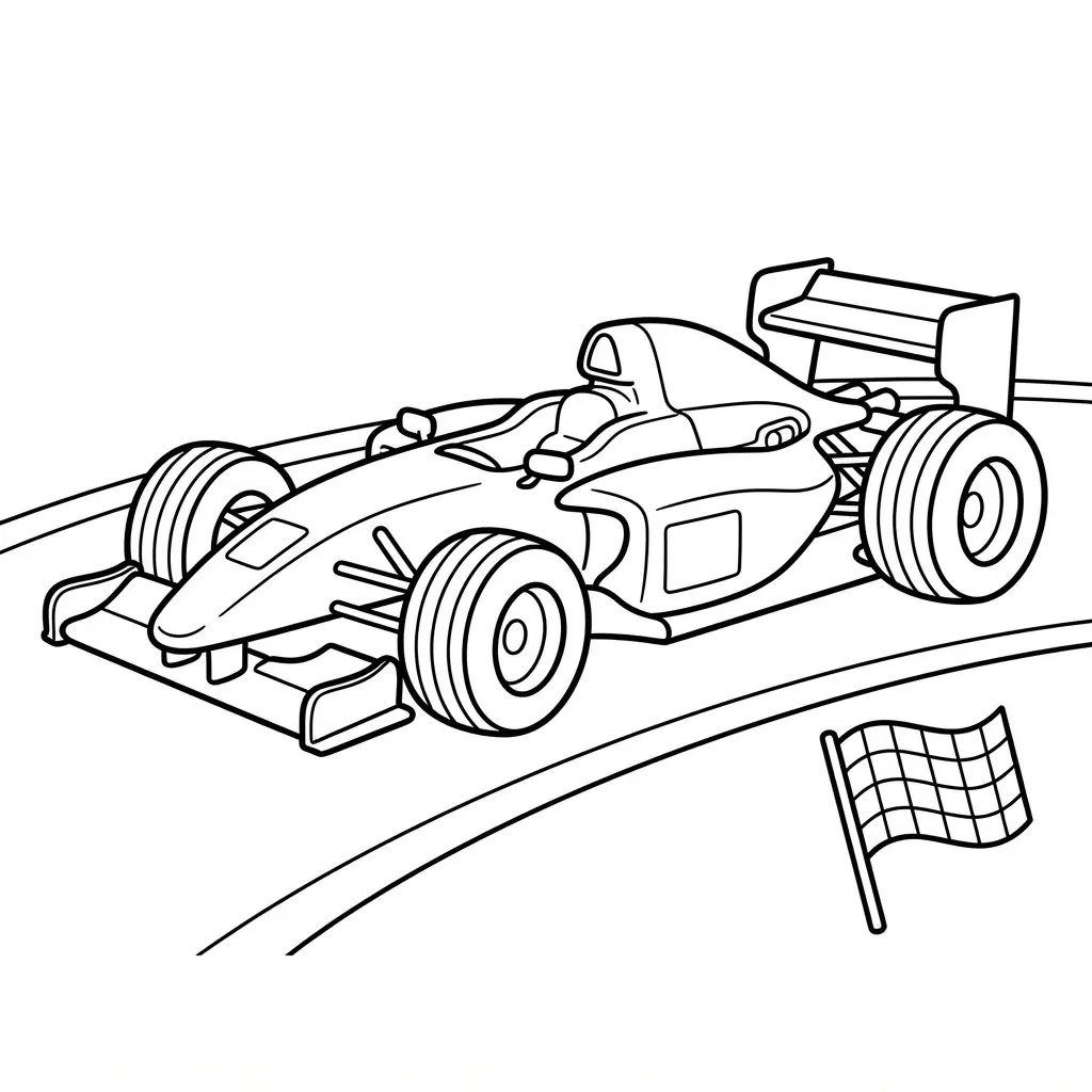 Race car coloring page showing a Formula One Grand Prix car with tires, spoiler, and bold clean outlines.