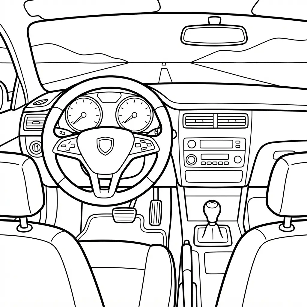 Race car coloring page featuring a sports car interior with steering wheel, dashboard, seats, and clear outlines.
